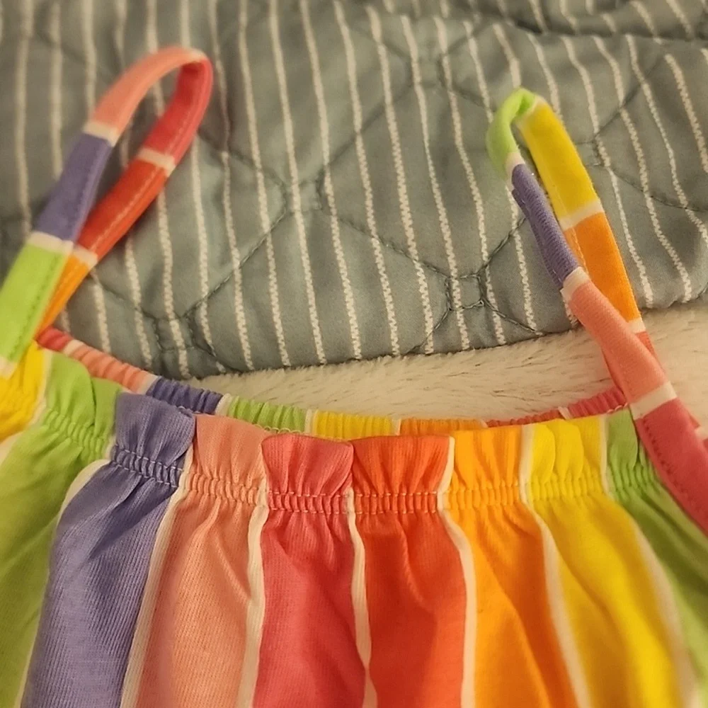 Nwt Sz 3T Tcp Colorful Rainbow Stripe Ruffle Hem Dropped Waist Knit Dress - Picture 3 of 3